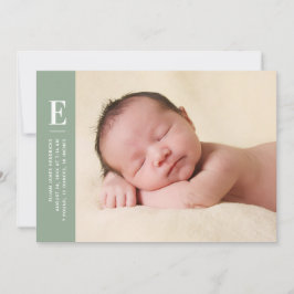Faire-part Sage Green Simple Monogramme Nouveau Photo bébé Na