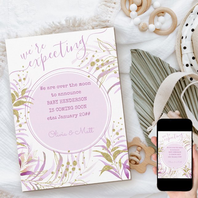 Faire-part S'attendaient à une grossesse en feuillage rose et (Créateur téléchargé)