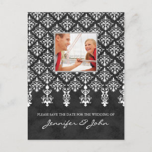 Faire-part Sauver la date carte postale damas gris blanc