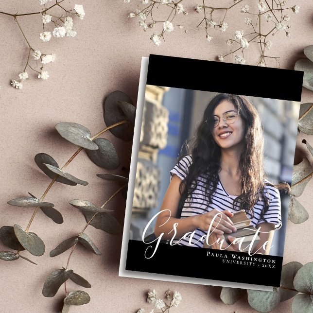 Faire-part Script blanc | Cadre noir | Deux diplômes photo (Créateur téléchargé)