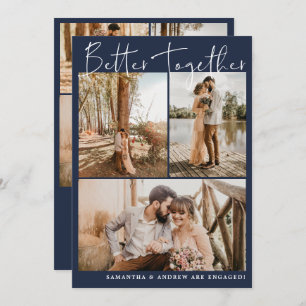 Faire-part Script bleu marine moderne chic 6 photos fiançaill