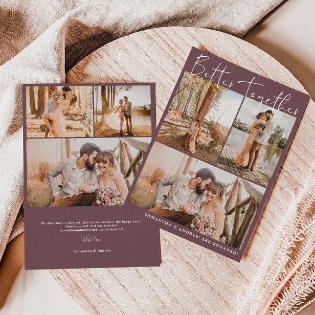 Faire-part Script bordeaux moderne chic 6 photos fiançailles (Créateur téléchargé)