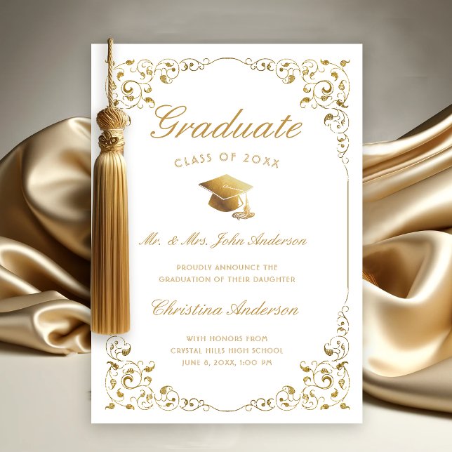 Faire-part Script Casquette Gold Ivy de parents White Graduat (Gold Ivy Leaf on White Graduation Announcement from Parents)