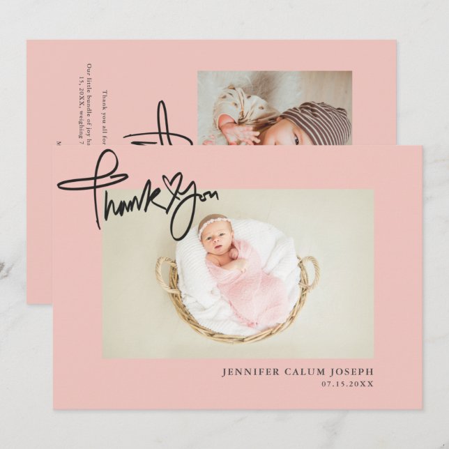 Faire-part Script Coeur moderne Photo Bébé rose Fille (Devant / Derrière)