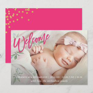 Faire-part Script de bienvenue rose avec naissance Faux Gold 