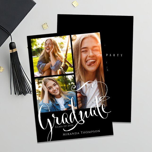 Faire-part Script de calligraphie de collage de photos (Black and white photo collage graduation invitation announcement. )