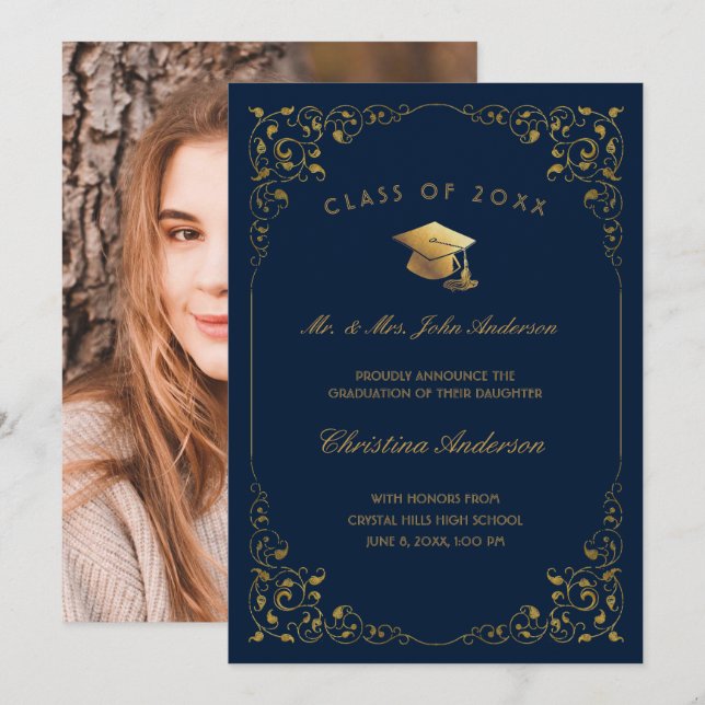 Faire-part Script Gold Ivy De Parents Photo Graduation Marine (Devant / Derrière)