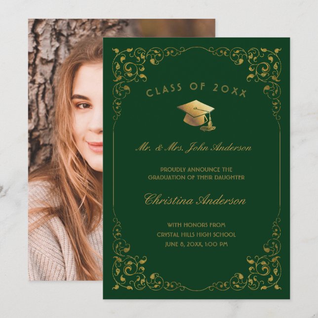 Faire-part Script Gold Ivy Du Parent Photo Green Graduation (Devant / Derrière)