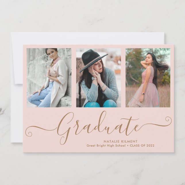 Faire-part Script Graduate 3 Photo Collage Pink Graduation (Devant)