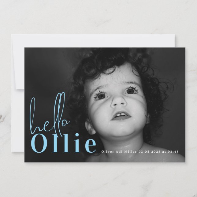 Faire-part Script Hello Nom Blue Boy Minimalist Photo Baby (Devant)