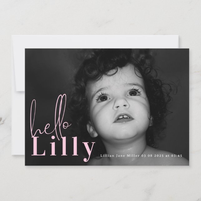 Faire-part Script Hello Nom Rose Girl Minimalist Photo Baby (Devant)