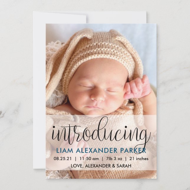 Faire-part Script Introduire Dark Blue Baby Boy Photo (Devant)