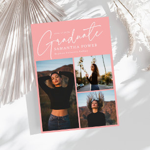 Faire-part Script moderne 3 Photos Pink Graduation