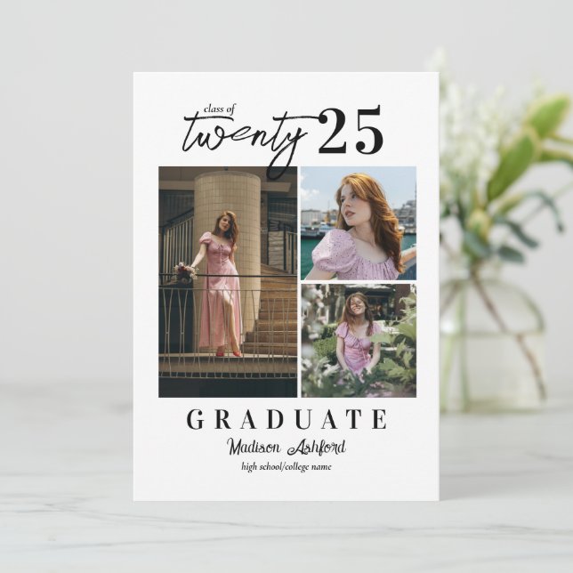 Faire-part Script moderne blanc 3 Photo Collage Graduation (Debout devant)