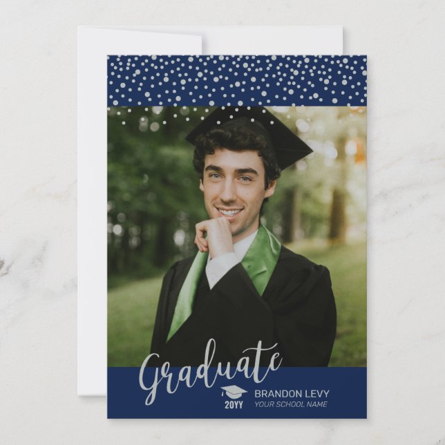 Faire-part Silver & Navy Blue Confetti Photo Graduation (Devant)