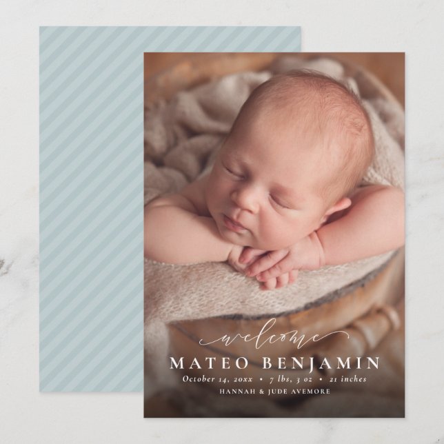 Faire-part Simple accueil script bleu photo naissance (Devant / Derrière)