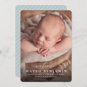 Faire-part Simple accueil script bleu photo naissance