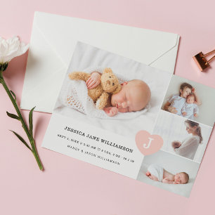 Faire-part Simple Baby Girl Photo Collage Pink Monogram Heart