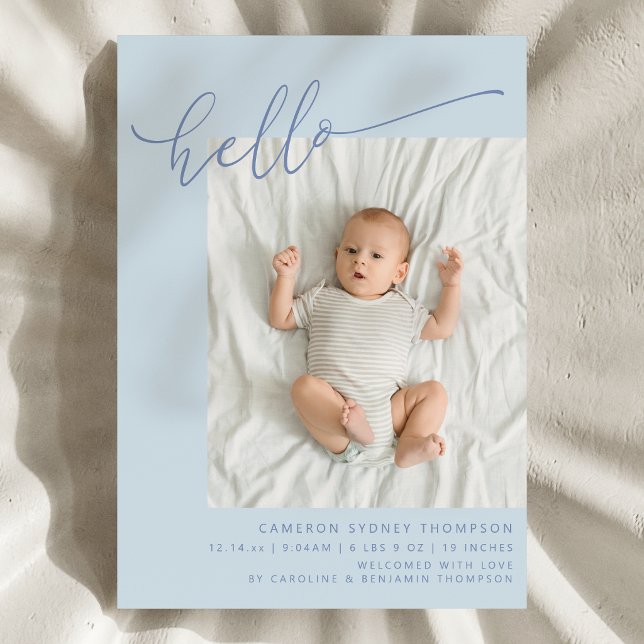 Faire-part Simple Blue Script Cute Hello Baby Two Photo Birth (Créateur téléchargé)