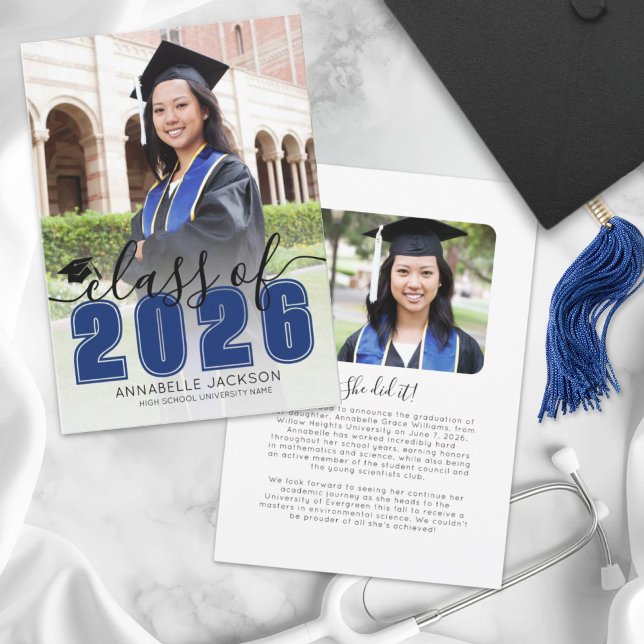 Faire-part Simple Blue Script Graduate Photo Graduate (Simple Blue Script Graduate Photo Graduation Announcement)