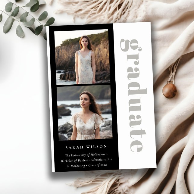 Faire-part Simple Gras Noir & Blanc 2 Photo Graduation (Créateur téléchargé)