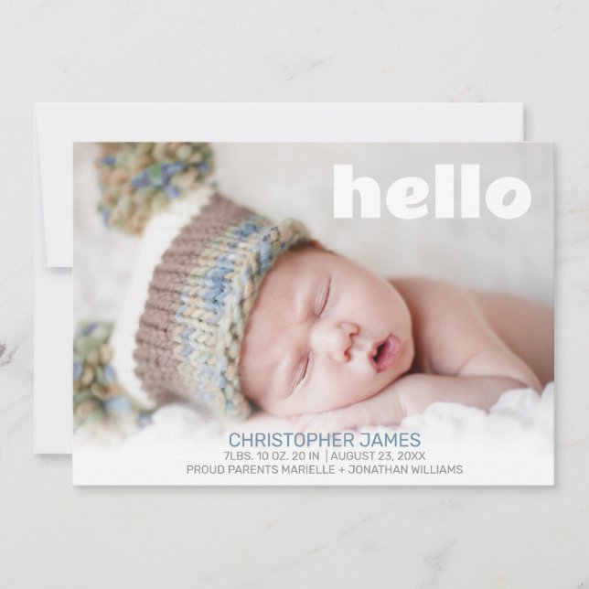 Faire-part Simple Hello Blue Script Blue Back Baby Boy Photo (Devant)