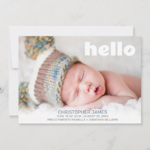 Faire-part Simple Hello Blue Script Blue Back Baby Boy Photo