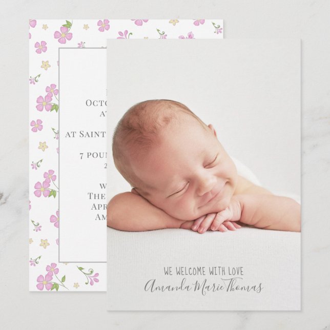 Faire-part Simple mignonne Whimsical Floral Photo Fille Rose (Devant / Derrière)