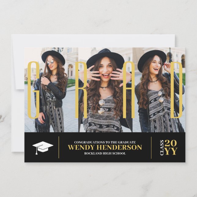Faire-part Simple Modern 3 Photo Collage noir Graduation (Devant)