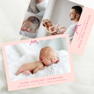 Faire-part simple nœud rose photo bébé