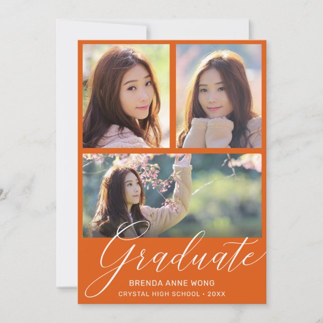 Faire-part Simple Orange Graduate Photo Collage blanc Script (Devant)