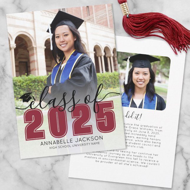 Faire-part Simple Red Script Graduate Photo Graduate (Simple Red Script Graduate Photo Graduation Announcement )