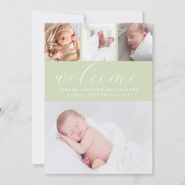 Faire-part Simple Sage Green Welcome Photo Collage Bébé Naiss (Devant)