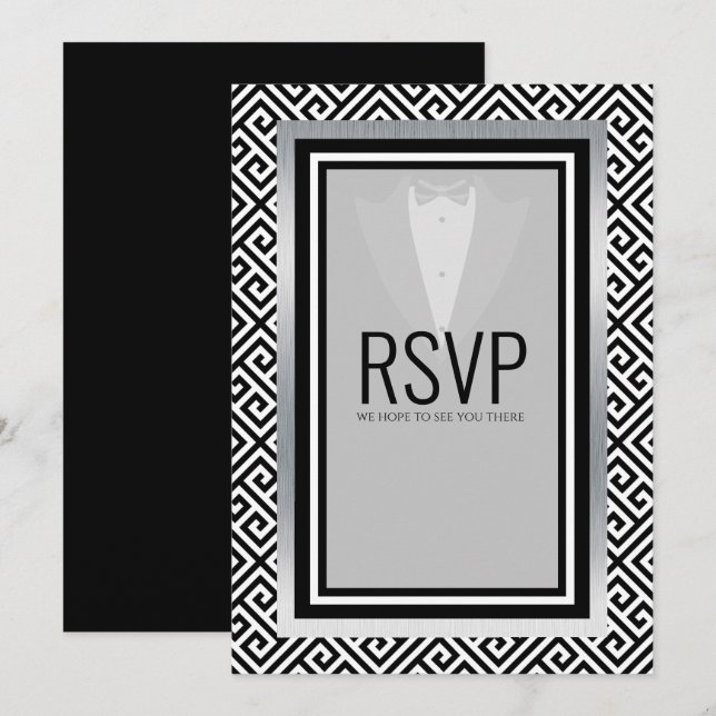 Faire-part Smoking noir, argent et blanc  r.s.v.p (Devant / Derrière)
