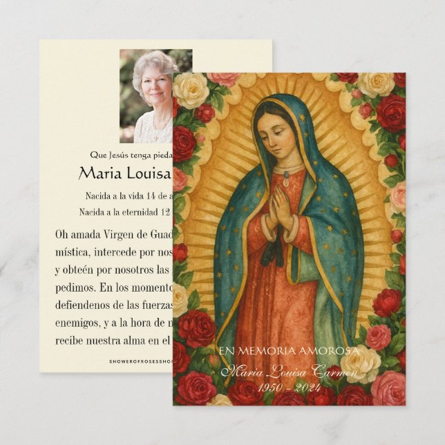 Faire-part Spanish Guadalupe Photo Funeral Prayer  Holy Card (Devant / Derrière)