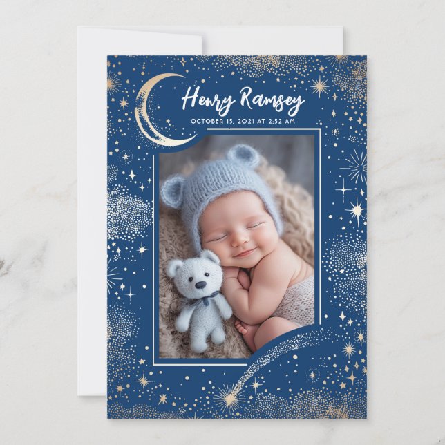 Faire-part Stars Celestial Cute Blue Photos Nouveau-né Naissa (Devant)
