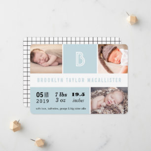 Faire-part Statistiques de bébé Monogramme Blocs de couleur b