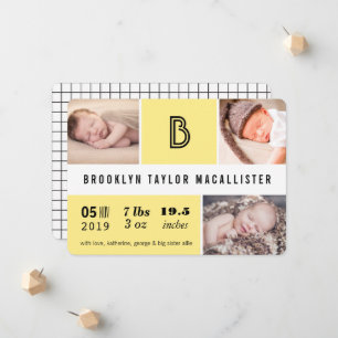 Faire-part Statistiques de bébé Monogramme Couleur jaune Bloc