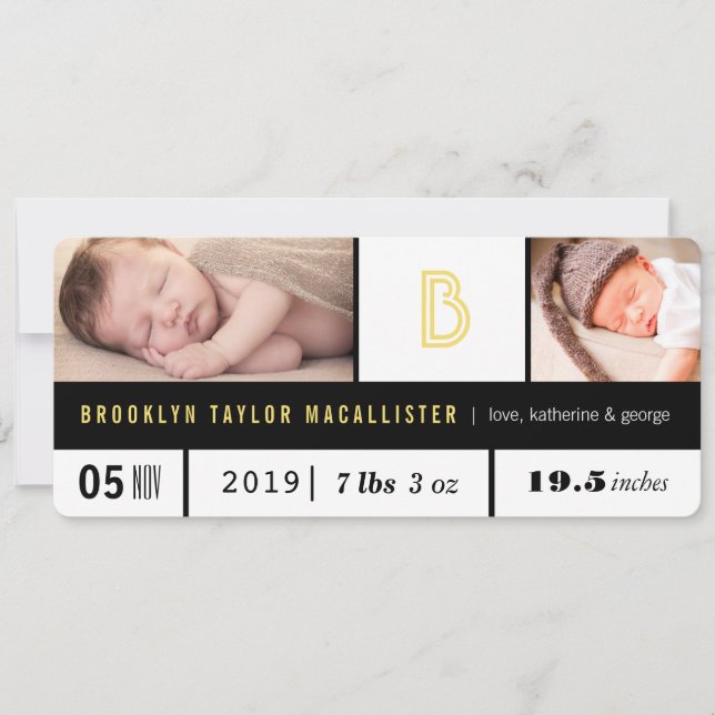 Faire-part Statistiques de bébé simples Jaune Monogramme 2 Ph (Devant)