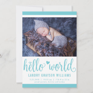 Faire-part Statue de naissance moderne Hello World Aqua