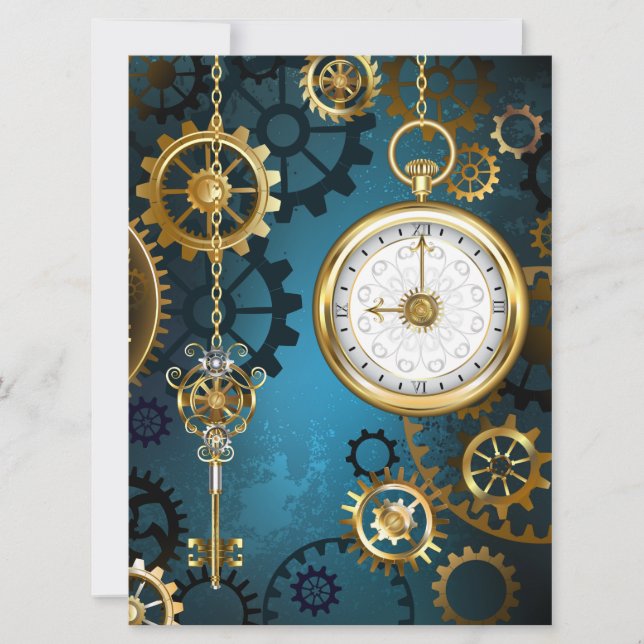 Faire-part Steampunk Arrière - plan turquoise avec Gears (Devant)