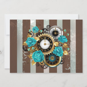 Faire-part Steampunk Clock and Turquoise Roses on Striped