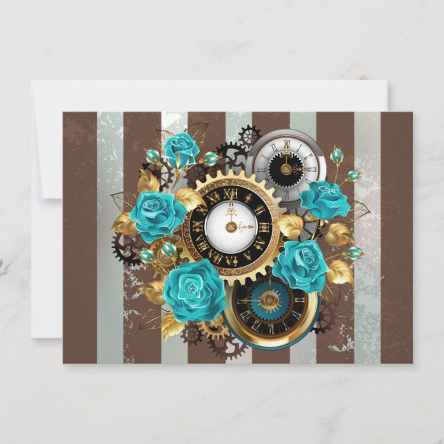 Faire-part Steampunk Clock and Turquoise Roses on Striped (Devant)
