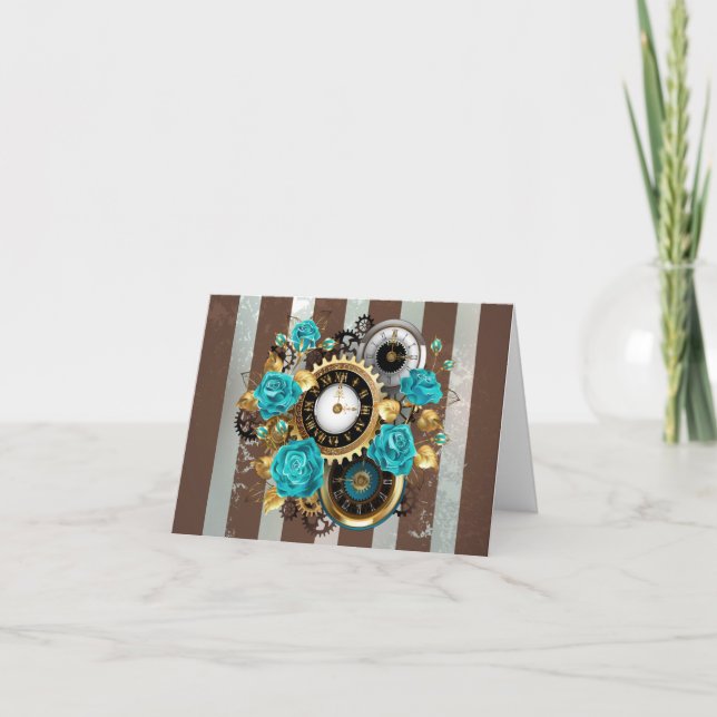Faire-part Steampunk Clock and Turquoise Roses on Striped (Devant)