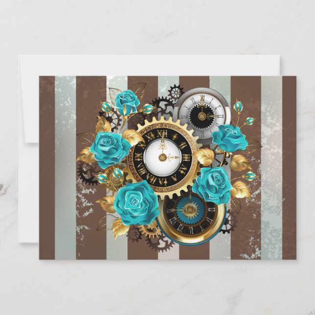 Faire-part Steampunk Clock and Turquoise Roses on Striped (Devant)