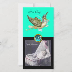Faire-part STORE BABY SHOWER CARRÉ MONOGRAM, aquamarine