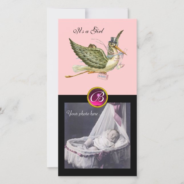 Faire-part STORK BABY SHOWER CARRÉ MONOGRAM ruby (Devant)
