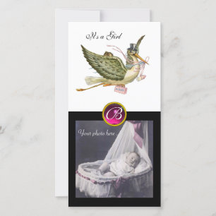 Faire-part STORK BABY SHOWER CARRÉ MONOGRAM ruby blanc