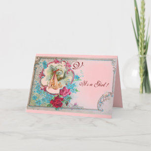 FAIRE-PART STORK BÉBÉ FILLE DOUCHE ROSE ROSE ROSE ROSE, FLEUR