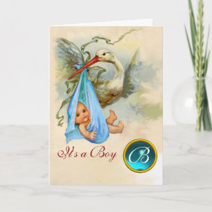 FAIRE-PART STORK GARÇON BABY SHOWER BLUE GEM MONOGRAM